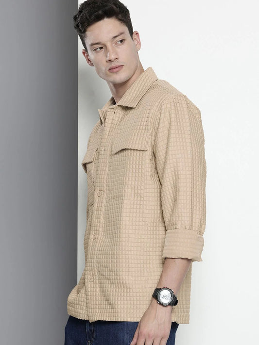 Men's Beige Quilted Textured Casual Shirt with Flap Pockets