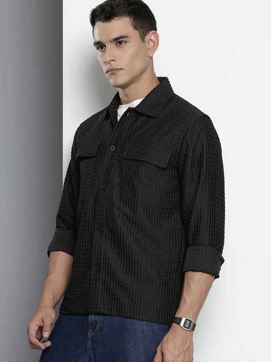 Men's Black Quilted Textured Casual Shirt with Flap Pockets