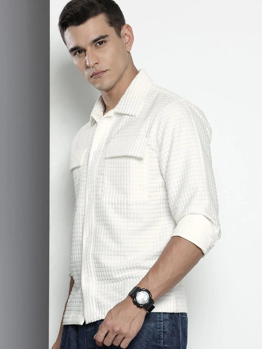 Men's Off-White Waffle Textured Casual Shirt with Flap Pockets
