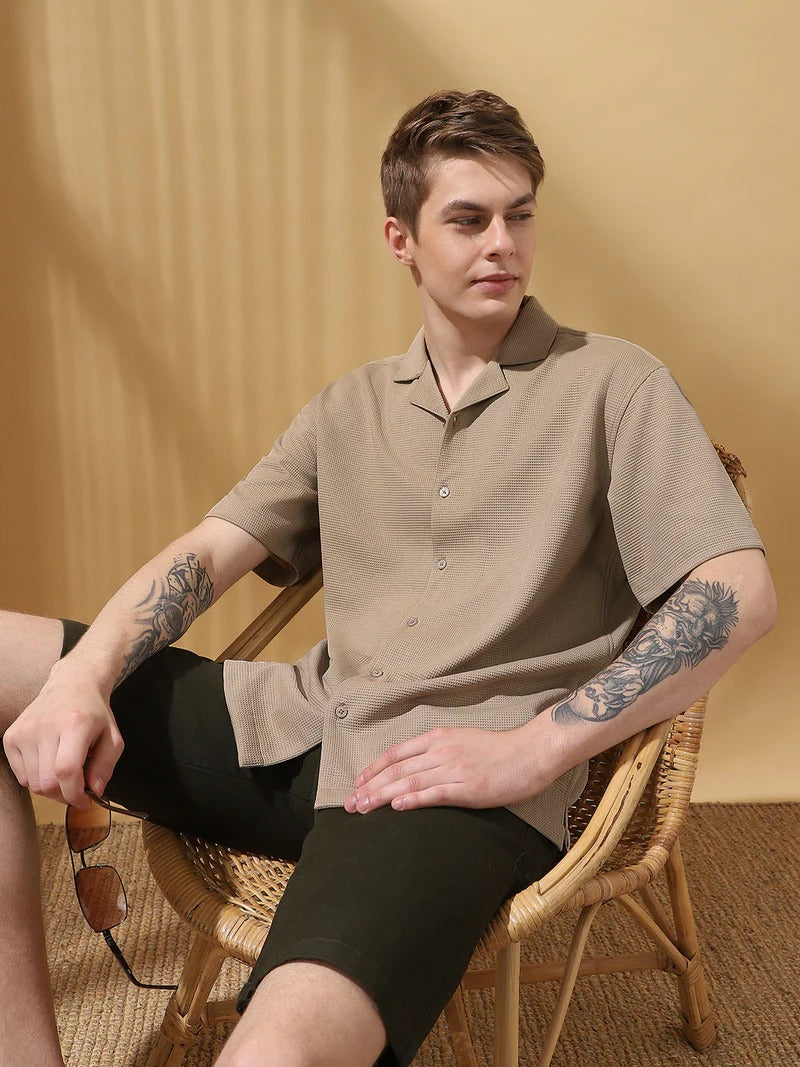 Men’s Waffle Knit Cuban Collar Shirt – Casual Summer Essential