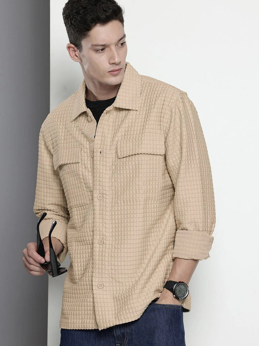 Men's Beige Quilted Textured Casual Shirt with Flap Pockets