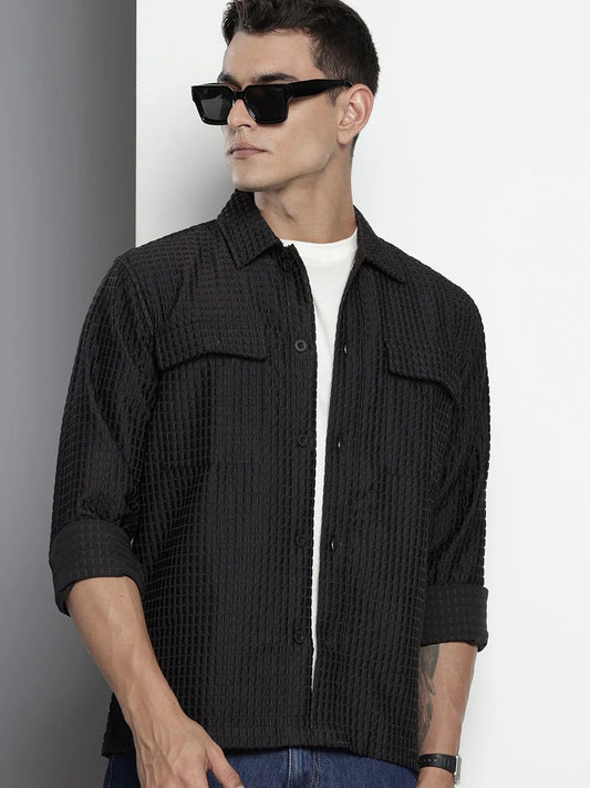 Men's Black Quilted Textured Casual Shirt with Flap Pockets