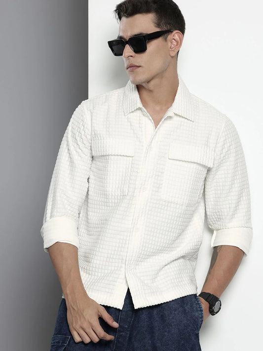 Men's Off-White Waffle Textured Casual Shirt with Flap Pockets